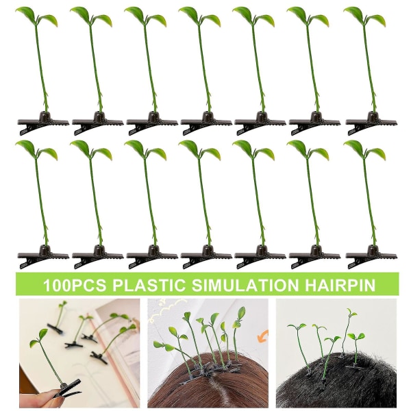 100 stk. Bønnespire-hårspænder Plante-hårnåle Anti-skrid Fake Leaf Funny Shape Lang Grøn Spire Decor Voksne Børn Hårdekoration Hårspænder Kaesi