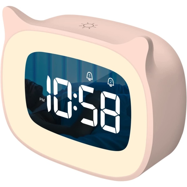 Nattlampa för barn steglöst avbländande digital klocka, (rosa)