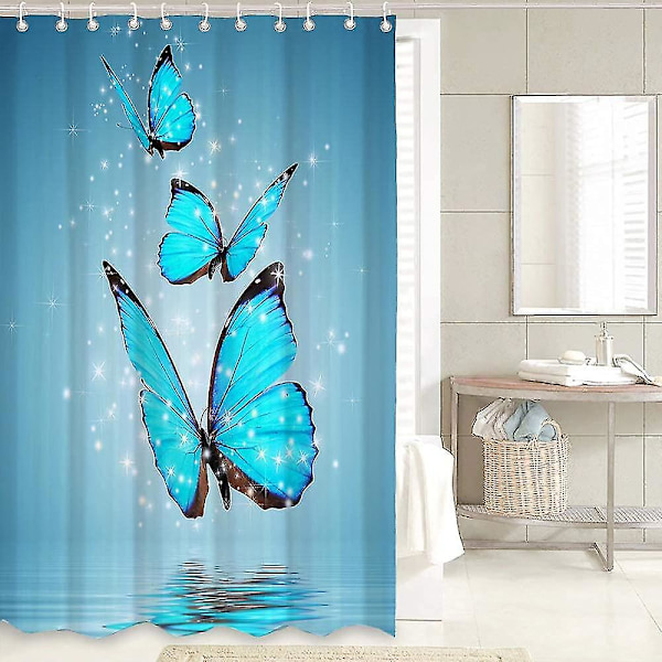 Blå Sommerfugl Bruseforhæng Til Badeværelse, Bruseforhæng 12stk Kroge Badeværelsestilbehør ( 72'' B x 72'' L)