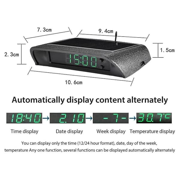Bilure med natdisplay Termometer Auto Intern Påklæbende Digitalur Solcelledrevet 24-Timer