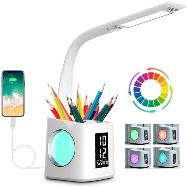 LED-bordslampa med USB (ingen plugg), skärmkalender, nattlampa, dimbar 10W pennhållare för barn