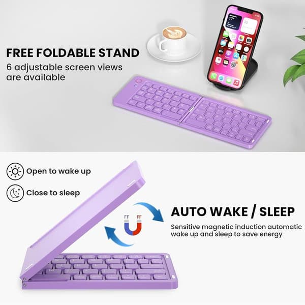 Mini foldbart Bluetooth-tastatur - bærbart, Mac, iPad, Android, Windows og iOS (lilla), ultratyndt aluminium, rejsevenligt til iPhone