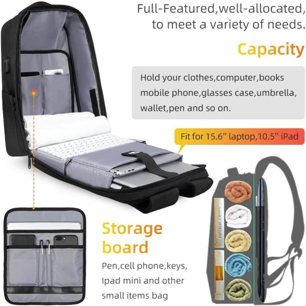 Stöldskyddad bärbar datorryggsäck, 15,6" Business Laptop-ryggsäck med USB -laddningsportlås för män