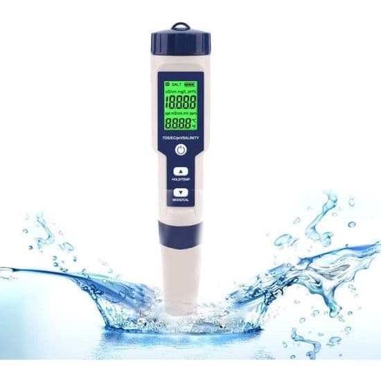 Elektronisk pH-måler, 5-i-1 pH-tester til vandkvalitet, temperatur, EC, salt og TDS