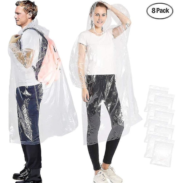 Bärbar engångsregnjacka klar och genomskinlig, regnponcho med huva och ärmar Cover för vuxna (8-pack transparent)