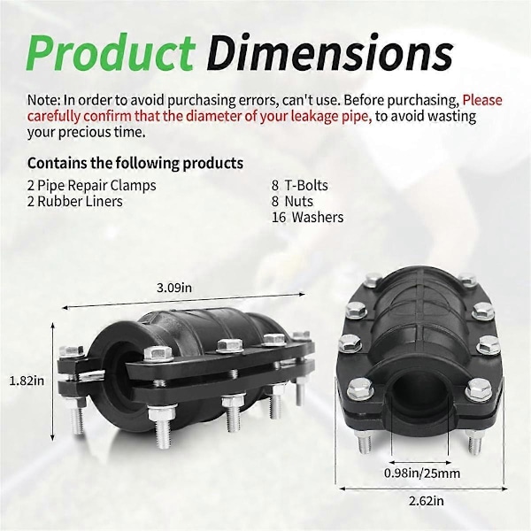 1 tommer Rørreparationsspand, Nødreparationssæt til Plast- & Metalrør (24mm-26mm) 2-pak