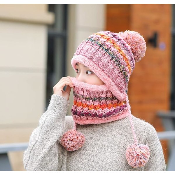 Kvinder strikket hue tørklædesæt vintervarme tyk hæklet fluffy ball beanie udendørs skicykel pink