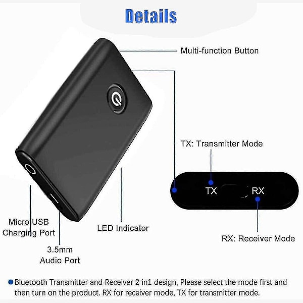 Bluetooth 5.0 Lähetin- ja Vastaanotinadapteri, Bluetooth 2 in 1 Adapteri, Aptx 3.5mm Liitin ja USB, Yhteensopiva TV/PC/Stereojärjestelmä/Kotiteatterin Kanssa