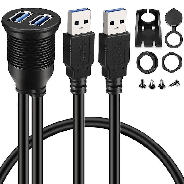 2-porttinen kaksois-USB 3.0 AUX -upotuskiinnityskaapeli autojen, kuorma-autojen, veneiden ja moottoripyörien kojelaudan paneeliin - 3 jalkaa