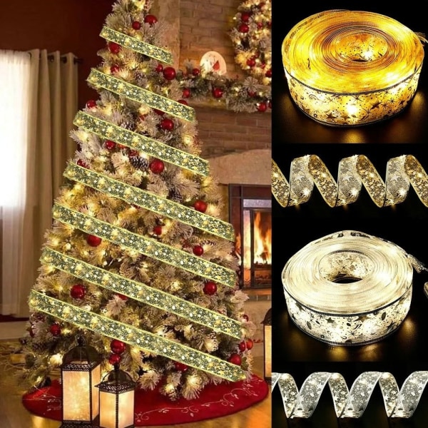 Joulukuusikoristelu 1 LED valaisevalla joulukuusivyöllä - (3,8cm - kultainen nauha - valkoinen)1m 10 valoa