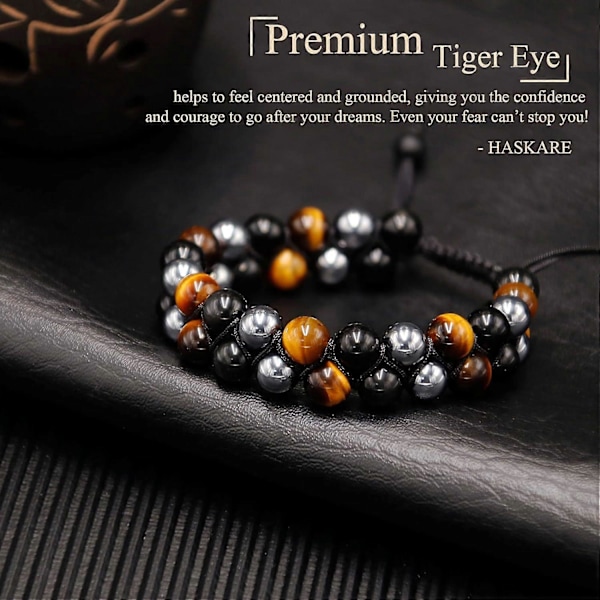 Trippel Beskyttelsesarmbånd, Ægte Tigerøje Sort Obsidian og Hæmatit 8mm Perlearmbånd til Mænd Kvinder, Krystal Smykker Healing Armbånd Bringer L