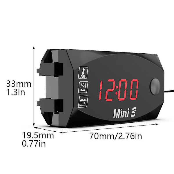 3 i 1 motorsykkel voltmeter skrue klokke termometer LED-skjerm mini vanntett