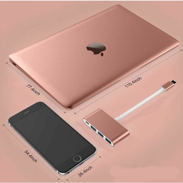 4-i-1 Typ C Hub med 3 USB 3.0- power kompatibel med Mac Air 2020-2018 MacBook Pro 13/15/16 Etc. USB-C-adapter med multiport - Rosa