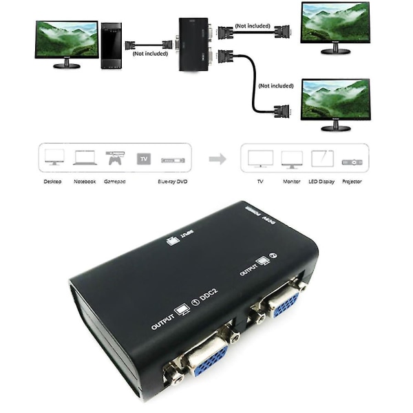 2 porter VGA SVGA Splitter Adapter Box 1 PC til 2 skjermer Video LCD-skjerm