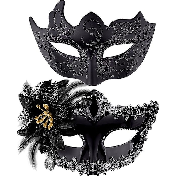 Maskeradmasker för par, set med venetianska festmasker i plast, Halloween-kostymmask, Mardi Gras-mask för kvinnor och män