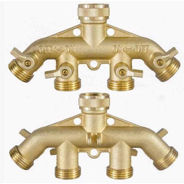 Messing hageslangefordeler (4-veis), solid messing 3/4 slangekobling, 4-veis slangekobling