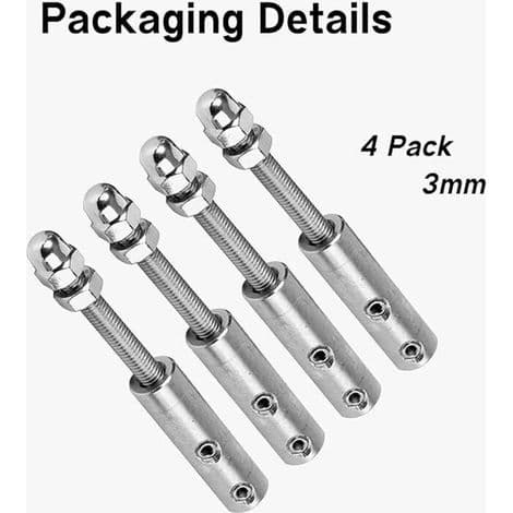Sæt med 4 skrueterminaler til 4 mm wire - Wirestrammer i rustfrit stål til spændingsfiksering (4 x 3 mm)
