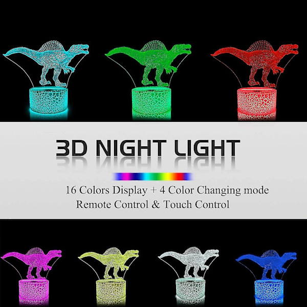 Dinosaur 3D Natlampe Spinosaurus Illusion LED Sengelampe 16