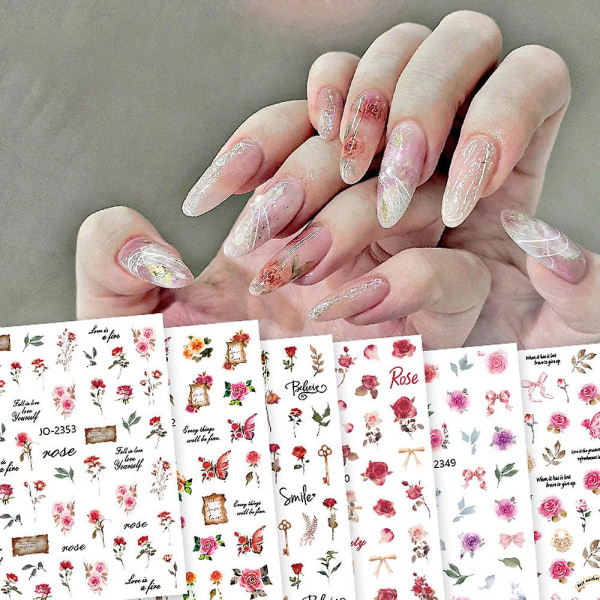 Blomster Nail Art Stickers Dekaler 12 ark Selvklebende negleklistremerker For kvinner Jenter Negledekorasjoner, 10*7,5 cm