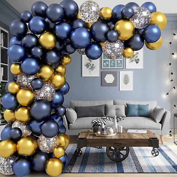Ballonbue Kit, 100 stk Blå Ballon Girland Kit Fødselsdagsfest Dekoration, Marineblå Krom Guld & Konfetti Balloner, Fødselsdag Balloner Til Bryllup