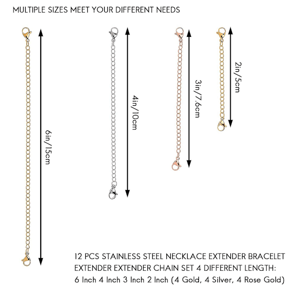 12 kpl Ruostumattomasta Teräksestä Valmistettuja Kaulakorun Pidennysketjuja Rannekorun Pidennysketjuja 4 Eri Pituutta: 6