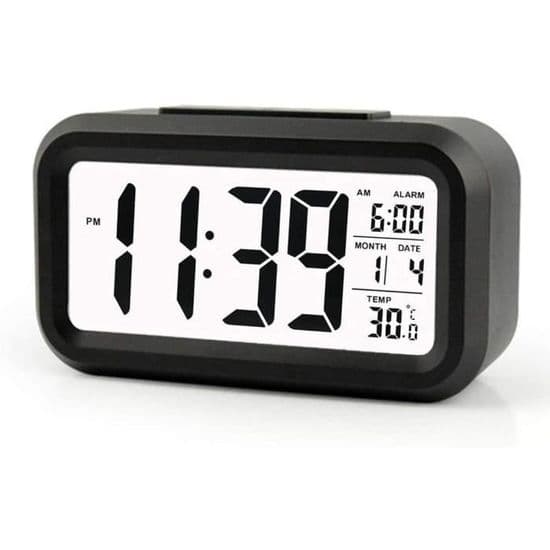 Trådlös batteridriven digital väckarklocka med datum, temperatur, smart ljussensor, 12-24 timmar, snooze för sovrum, den 9:e