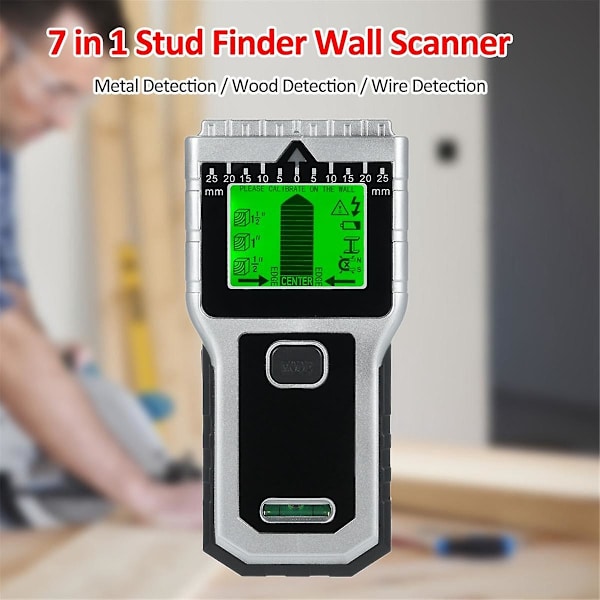 Stud Finder, Væg Scanner 7 i 1 Multifunktionel Vægdetektor til Stænger Træ Metal og AC Ledninger Detektion Sort