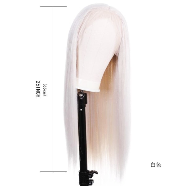 Langt hår blondeparyk, mellem naturligt syntetisk hår varmebestandigt (sølvhvid) 26 tommer