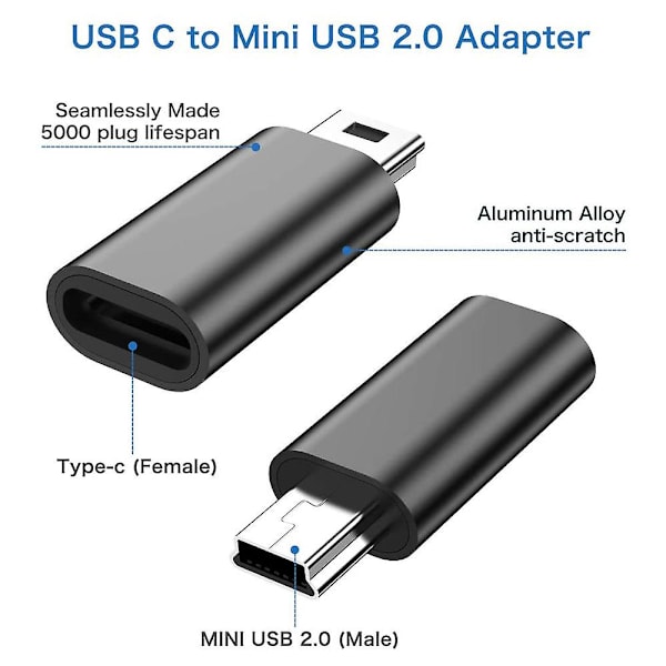 4 kpl USB-C - Mini USB 2.0 -sovitin, Type-C naarin - Mini USB uros, muuntaja MP3-soittimille, kojelautakameralle, musta