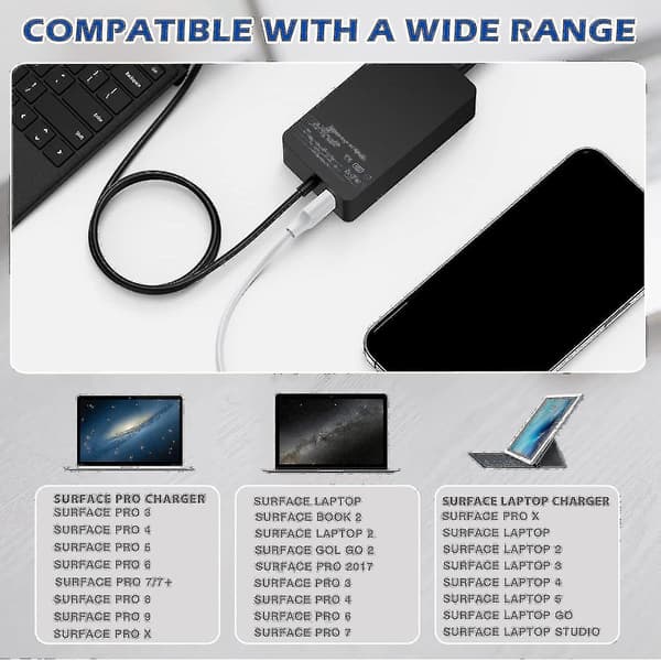 2024 Surface Pro-lader, 65w 15v 4a Microsoft Surface-lader for Surface Laptop 4/3/2/1, Surface Book1/2, Surface Pro 3/4/5/6/7/8/9/x, Surface Go Wi