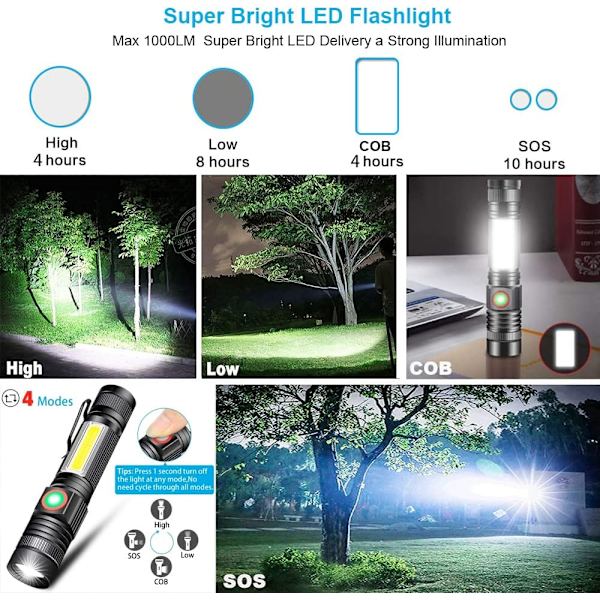 Oppladbar lommelykt med COB-lys LED-lommelykt, 4 moduser