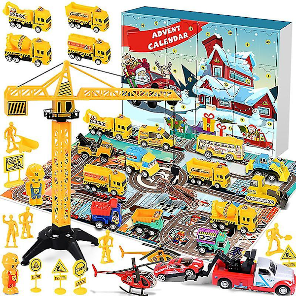 Cars Advent Calendar For Kids Boys 2023 Christmas, 24 Pull Back Vehicles Playsets With Crane Helicopter Tractor Construction Tru