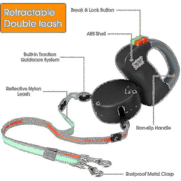 Dobbel Dobbel Leash for Hunder, Inntrekkbar Hundeleash Dobbel Leash for To Hunder Hundeleash 2 Hunder Dobbel Leash, svart