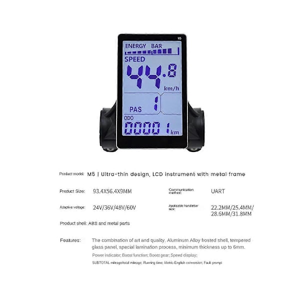 M5 Sähköpyörän LCD-näyttömittari 24V 36V 48V 60V Sähköpotkulaudan LCD-paneeli Maastopyörälle