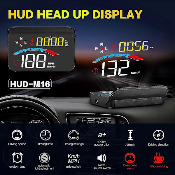 Head-Up Display Bil GPS Mätare Digital Hastighetsmätare Vindruta Hastighetsprojektor Kompass Spänning KM/H MPH för Alla Bilar M16