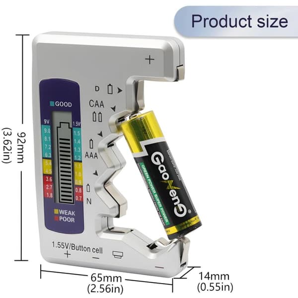 Universal Digital Batteritester. Digital Batteritester. Til AA, AAA, CDN, 9V og 1,5V knapcellebatterier