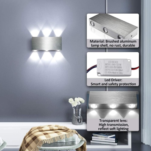 Led vägglampa 6W inomhus vägglampa Modern fyrkantig aluminiumbelysning Dekorativ ljus Cool White