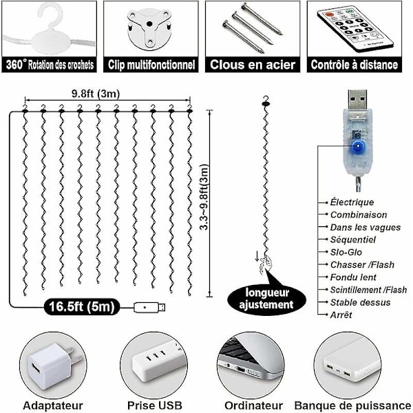 200 LED Gardinlys Varmt Hvit Gardinlys 3m2m 8 Lysmoduser USB Fjernkontroll Lyslenke med Timer for Jul, Bryllup, Bursdag, Vindu