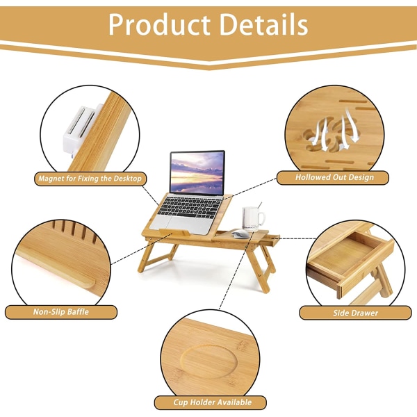 Sengebord-tablet, sengebord til bærbar computer, læselys i bambus