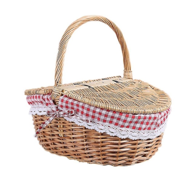 Picknickkorg i korg i lantlig stil med lock och handtag och foder för picknickar, fester och grillning-ykc-
