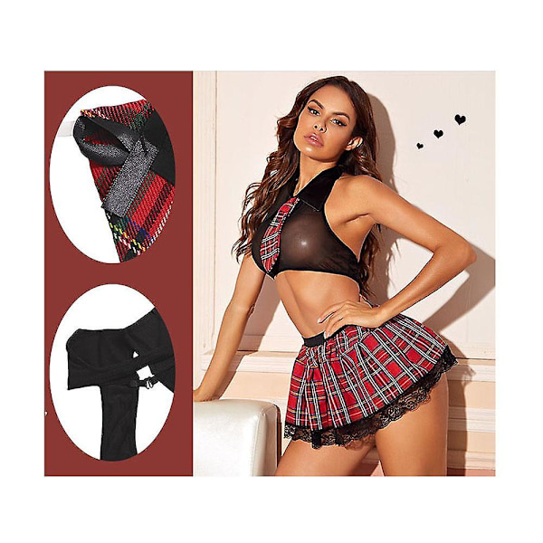 Kvinnors Kostym Sexig Lingerie Set Cosplay Topp och Rutiga Kjolen Outfit (L)