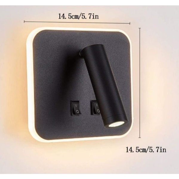 1 stk. LED-sengelampe væglampe læselampe soveværelse væglampe dobbelt kontrol firkantet roterende væglampe sort 14,5*14,5cm
