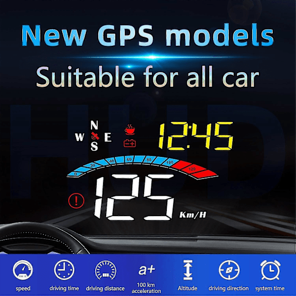 Head-Up Display Bil GPS Mätare Digital Hastighetsmätare Vindruta Hastighetsprojektor Kompass Spänning KM/H MPH för Alla Bilar M16