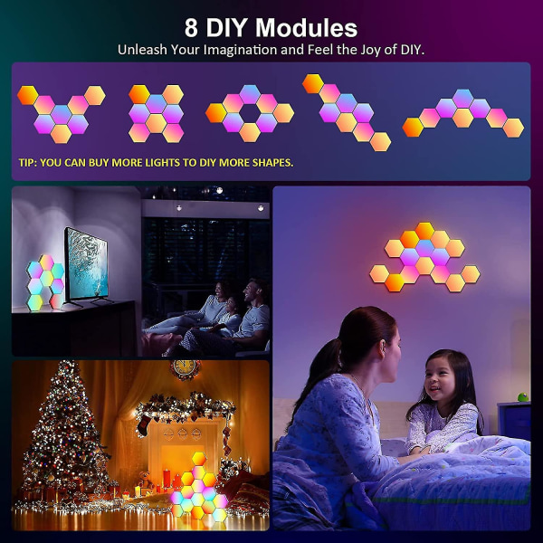 8-pack hexagon vägglampa LED-panel - Smart App RGB hexagon modulär spellampa musik med synkroniserings bikakeformade paneler hexagon lampor för sovrum C