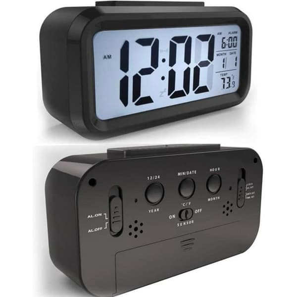 Trådlös batteridriven digital väckarklocka med datum, temperatur, smart ljussensor, 12-24 timmar, snooze för sovrum, den 9:e
