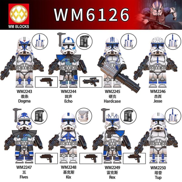 8 stk. Legion Clone Trooper Army Set Mini Captain Rex Jesse And Echo Star Captain Rex 501st Clone Trooper Wars Figurer Klodser