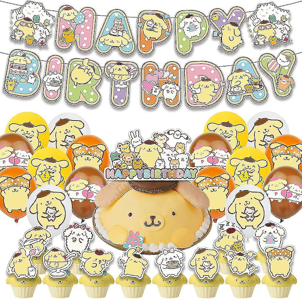 Pom Pom Purin-tema födelsedagsfesttillbehör inklusive banderoll, ballonger, tårtdekorationer och cupcake-dekorationer