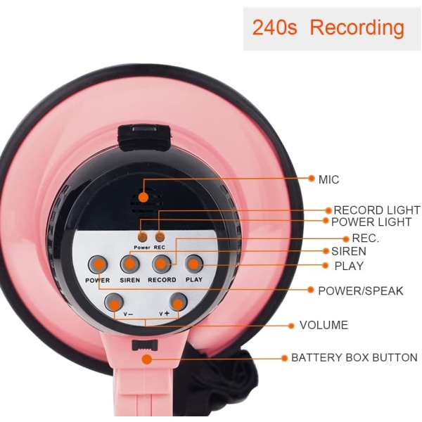 Bærbar megafon bullhorn 25 watt strømmegafon høyttaler stemme og sirene/alarmmoduser (rosa)