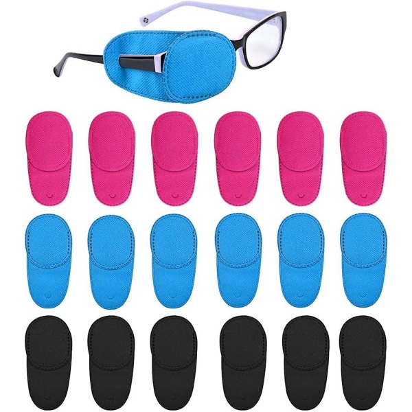 18 stycken ögonlappar för glasögon Amblyopia ögonplåster för glasögon (svart + blå+rosa)