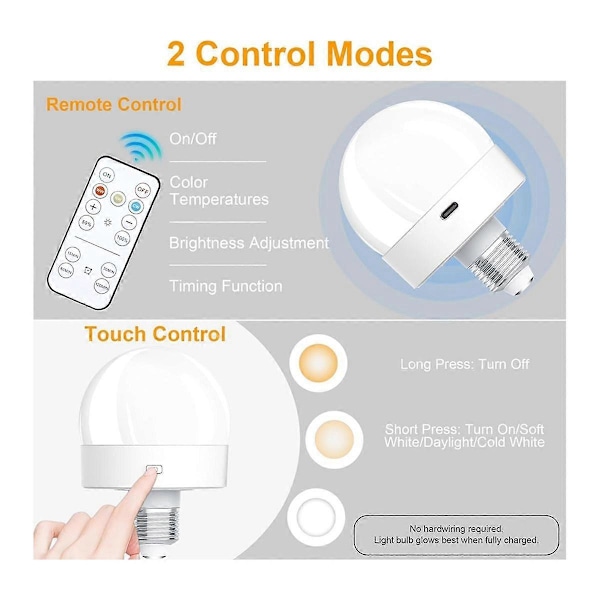 Ladestolpe Batteridrevet Lyspære, 300LM E26 Skru inn Lyspære for Lamper med Fjernkontroll Dimmbar